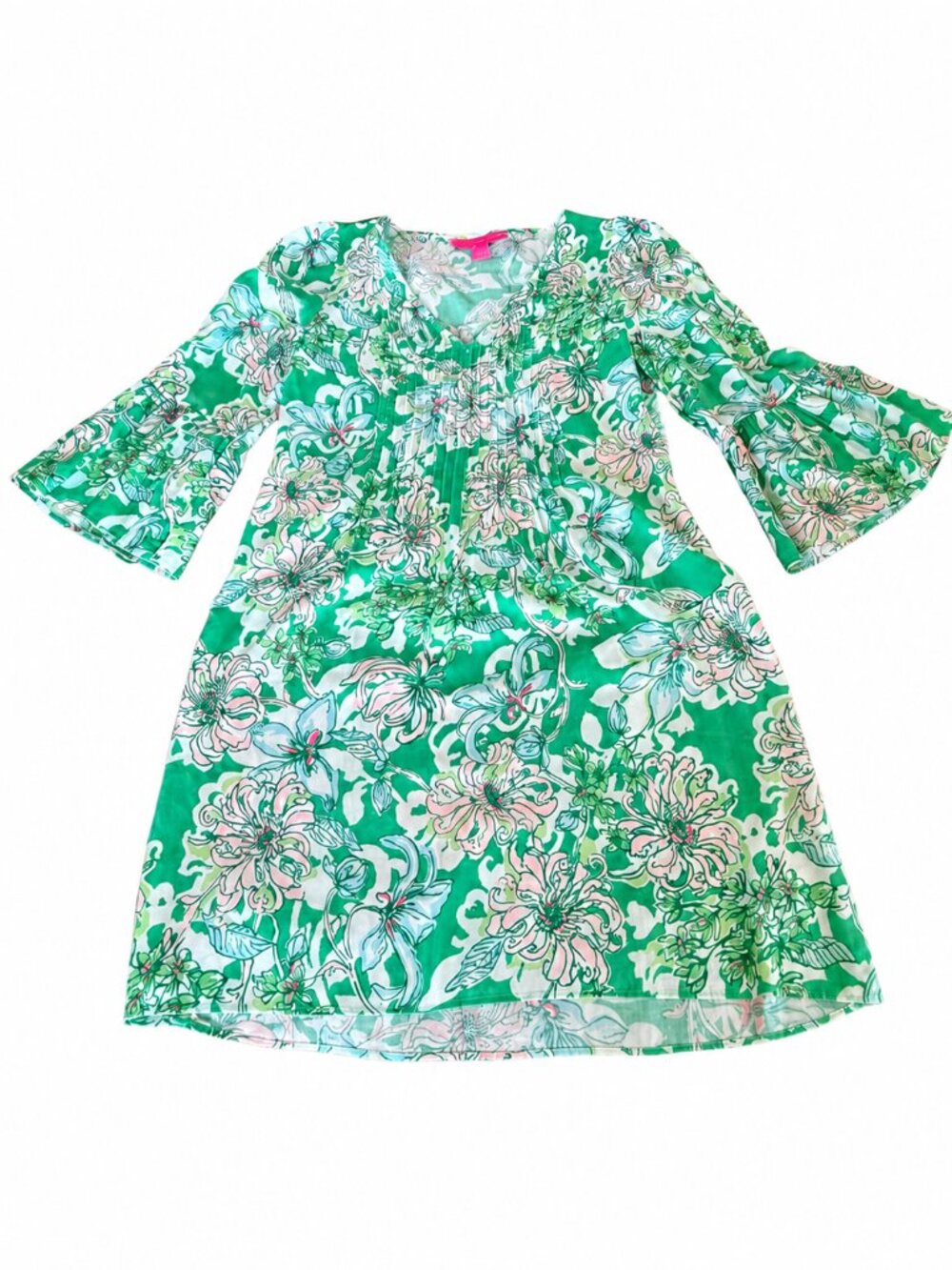 Lilly Pulitzer Green Floral Bell-Sleeve Shift Dress, Size 0